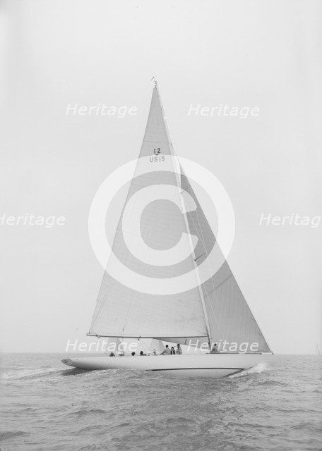 The 12 Metre 'Vim' sailing close-hauled, 1939. Creator: Kirk & Sons of Cowes.