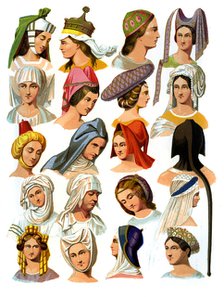 Women's hats of different classes of society, 13th-16th century (1849).Artist: Thurwanger Freres