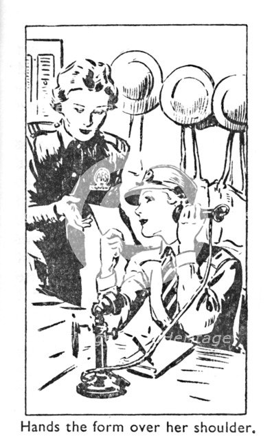 'Hands the form over her shoulder', 1940. Artist: Unknown.