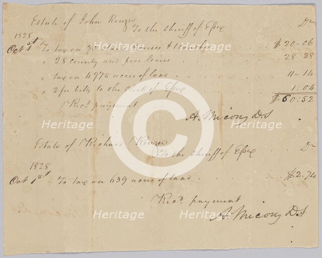 Record of taxable property, including enslaved persons, owned by Rouzee estates, October 1, 1828. Creator: Unknown.
