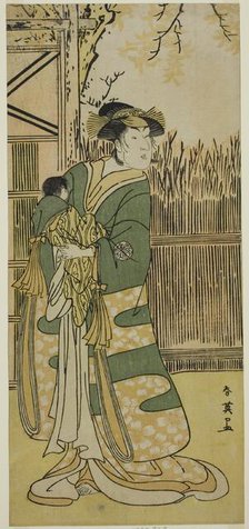 The Actor Nakayama Tomisaburo I as Lady Tokiwa (Tokiwa Gozen) (?) in the Play..., c. 1791. Creator: Katsukawa Shun'ei.
