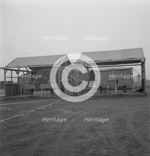 Portable laundry unit, shower unit beyond, FSA camp, Merrill, Oregon, 1939. Creator: Dorothea Lange.
