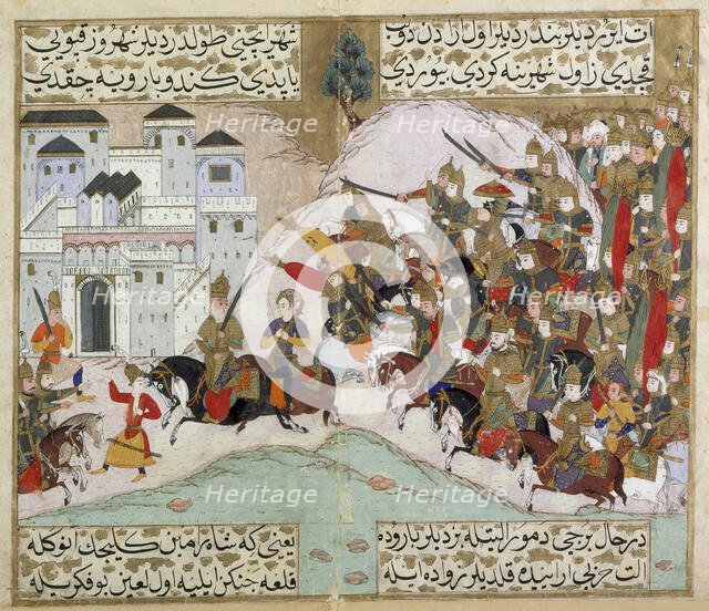 The Army of Shah Ramin Attacking the Iron Fortress..., 1593-1594/1002 A.H.. Creator: Unknown.