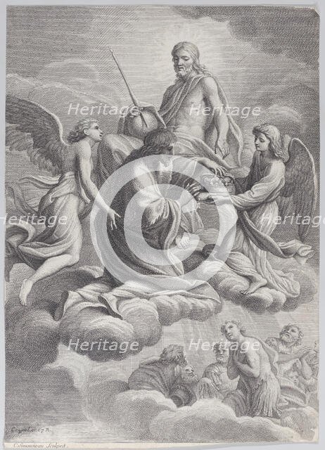Saint Louis of France received into heaven by Christ and two angels who offer him the c..., 1671-80. Creator: Charles-Louis Simonneau.