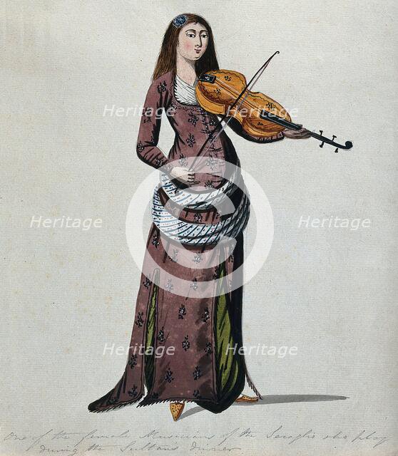 A woman from the Sultan's seraglio in Istanbul playing the violin. Creator: Unknown.