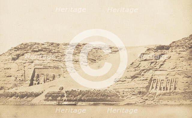 Vue générale des Spéos de Phré et d'Athor, à Abousembil, prise de l'ile, March 29, 1850. Creator: Maxime du Camp.