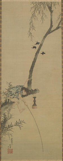 Boy fishing from the limb of a tree, Edo period, 1839. Creator: Hokusai.