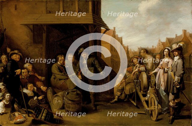 A Street Scene with Knife Grinder and Elegant Couple, c1655. Creator: Jacob Duck.