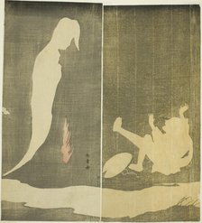 Man Falling Backward, Startled by a Woman's Ghost over a River, Japan, c. 1782. Creator: Shunsho.