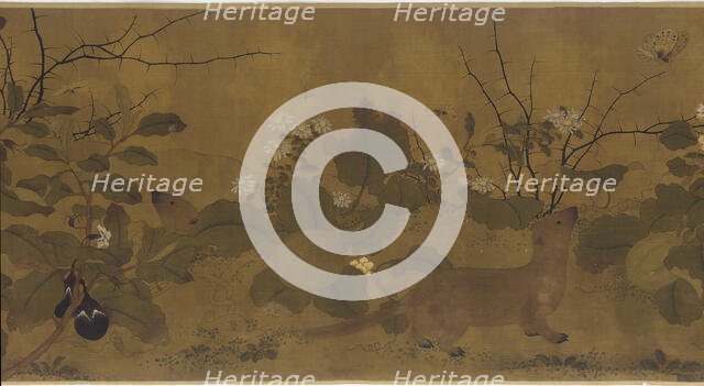 Garden scene: melons, egg-plants, flowers, and two weasels, 1368-1644. Creator: Unknown.