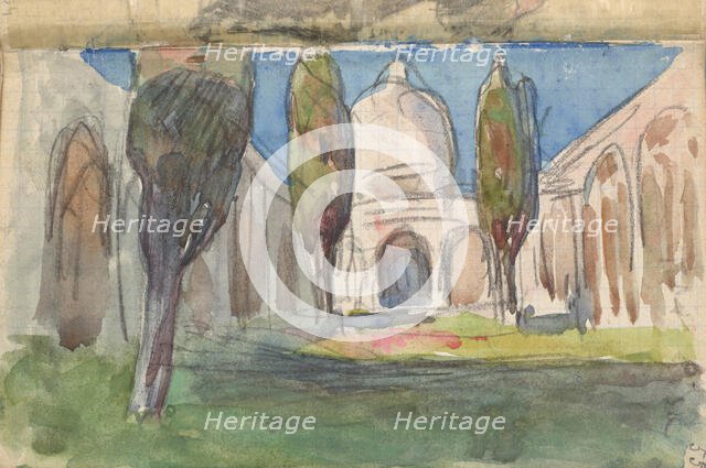 Sketchbook No. 2 - Landscape study - Moorish arcaded courtyard with cypresses..., 1893. Creator: Jan Stanislawski.