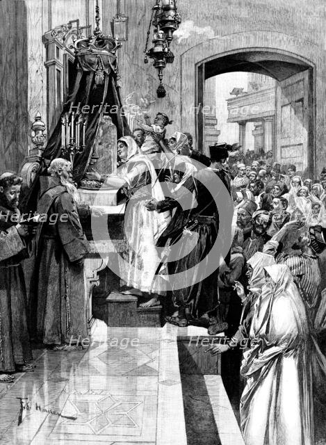 Holy Thursday at the Holy Sepulchre: kissing the column at which Christ was flagellated, 1895. Creator: P Naumann.