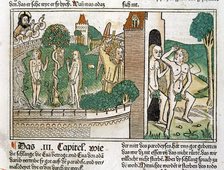 Engraving showing Adam and Eve in paradise, scene in the Bible of Nuremberg, German edition 1483.
