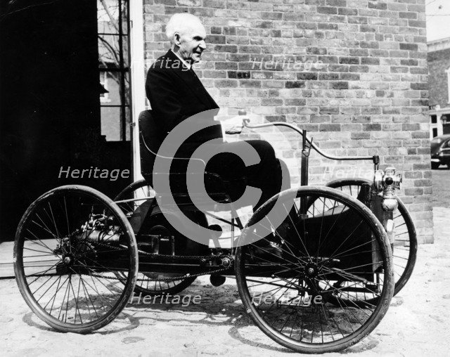 Henry Ford on a 1896 Ford, (c1940s?). Artist: Unknown
