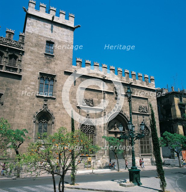 The Lonja of Valencia merchants, seen from outside the building, built by Pere Comte between 1482…