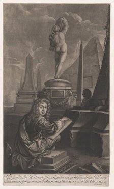 Portrait of Adrian Beverland Drawing a Statue of Callipygian Venus, 1686. Creator: Isaac Beckett.