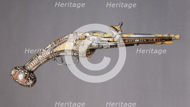 Pair of Wheellock Pistols with Matching Priming Flask/Spanner, French, ca. 1570-80. Creator: Etienne Delaune.