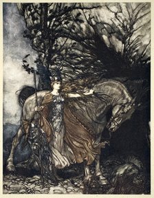 'Brunnhilde with her horse at the mouth of the cave', 1910.  Artist: Arthur Rackham