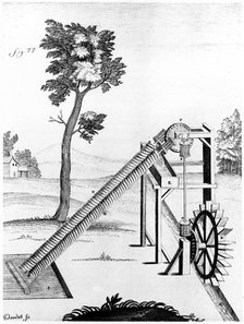 Twin Archimedean screws used to raise water, engraving, 1719. Artist: Gaspard Grollier de Serviere