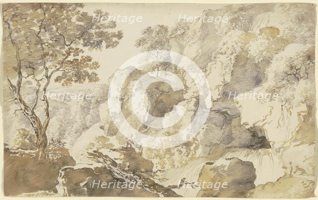 Rocky landscape with trees, a waterfall, and two hikers..., late 18th century. Creator: Franz Kobell.