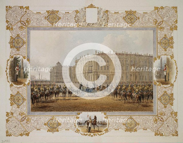Review of the Horse-Guardsmen Regiment in Front of the Winter Palace, 1850s. Artist: Sadovnikov, Vasily Semyonovich (1800-1879)