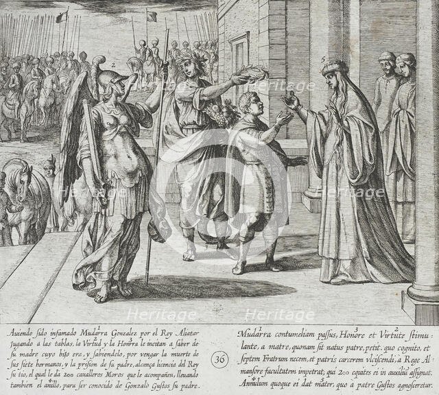 Mudarra Takes Leave of His Mother and Sets Out to Find His Father, 1612. Creator: Antonio Tempesta.