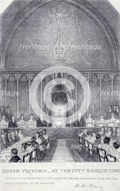 Queen Victoria at the Guildhall banquet, London, 1837. Artist: Anon