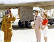 Mattingly and Hartsfield Salute President Reagan, Edwards Air Force Base, California, USA, 1982.  Creator: NASA.