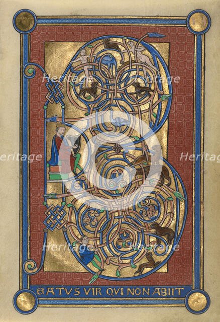 Initial B: David Playing the Harp; Bute Psalter, (replacement leaf, late 19th century?). Creator: Unknown.