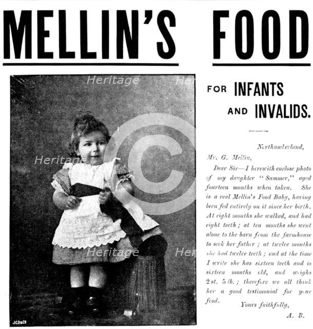 Advertisement for Mellin's Food for Infants and Invalids, 1895.  Creator: Unknown.