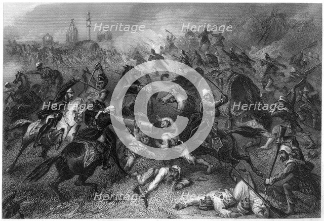'Havelock's column attacking the mutineers before Cawnpore', 1857, (c1860). Artist: Unknown