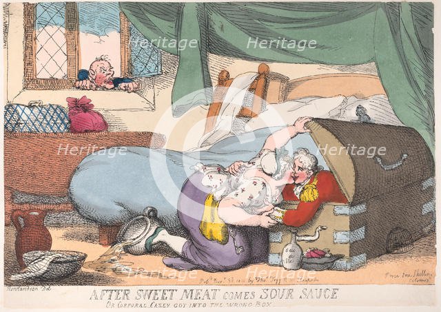 After Sweet Meat Comes Sour Sauce, or Corporal Casey Got into the Wrong Box, ..., November 30, 1810. Creator: Thomas Rowlandson.