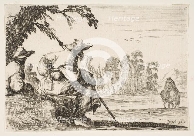 Plate 5: two pilgrims with hats rest to the left, seen from behind, a horseman rides towar..., 1642. Creator: Stefano della Bella.