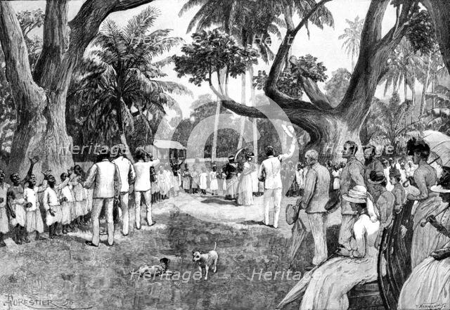 Mr. Stanley...at Mombasa: native school-children...singing the National Anthem, 1890. Creator: P Naumann.
