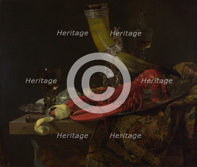 Still Life with the Drinking-Horn of the Saint Sebastian Archers' Guild, Lobster and Glasses, c. 1653. Artist: Kalf, Willem (1619-1693)