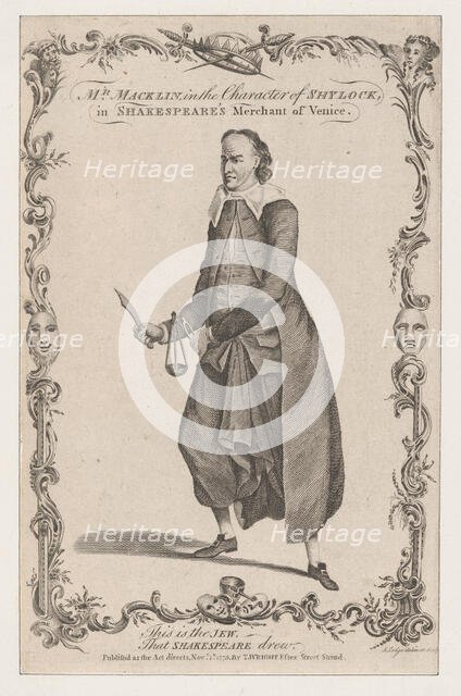 Mr. Macklin in the Character of Shylock, in Shakespeare's The Merchant of Venice, 1775. Creator: John Lodge.