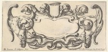 Plate 5: a cartouche with a blank escutcheon at top center, a chimera to either sid..., ca. 1640-45. Creator: Francois Collignon.