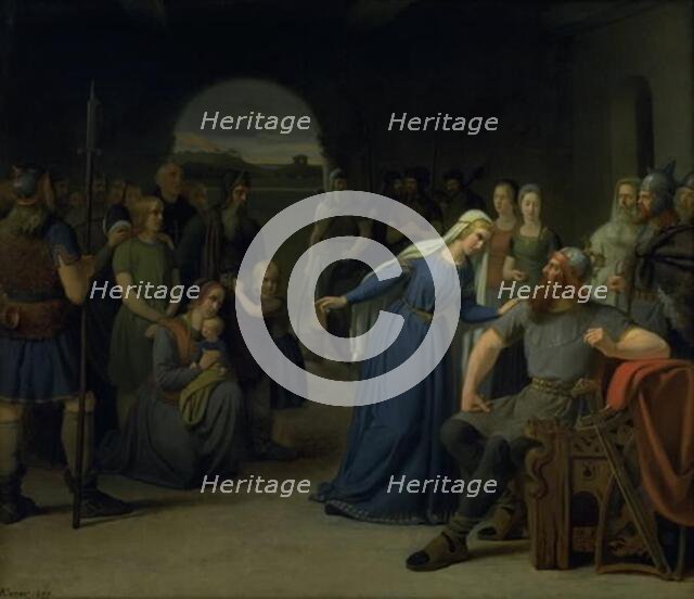 The Danish Queen Thyra Danebod Trying to Soften the Heart of her Husband, Gorm the Old..., 1849. Creator: Julius Exner.