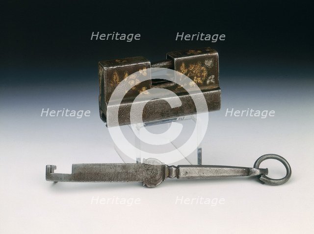 Iron lock and key with incised and gilded floral decoration, Tibet, 18th century or earlier. Artist: Unknown