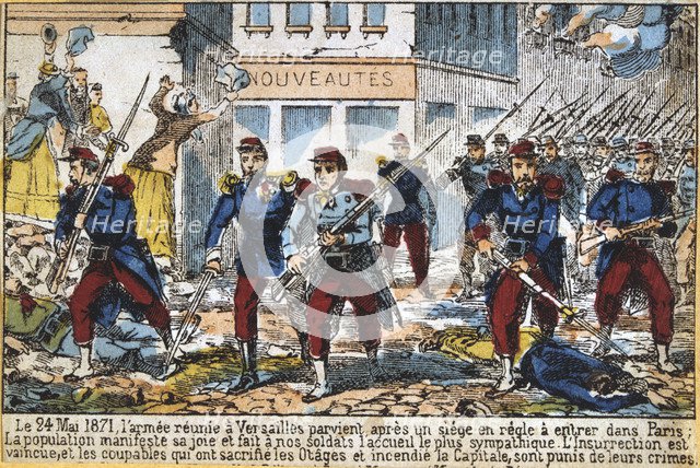 Government soldiers advancing into Paris to suppress the Commune, 24th May 1871. Artist: Anon