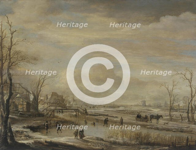 Winter landscape with a woodend bridge near some houses, between c1650 and c1660. Creator: Aert van der Neer.