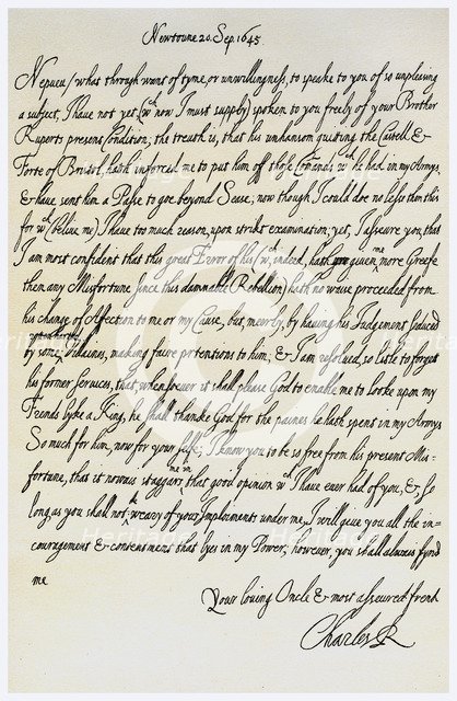 Letter from Charles I to his nephew, Prince Maurice, 20th September 1645. Artist: King Charles I