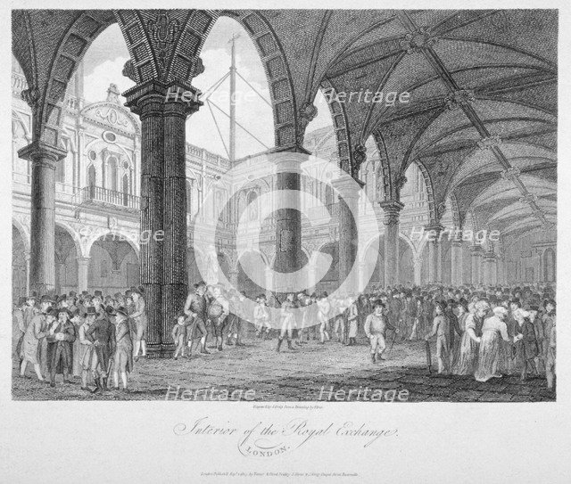 Interior view of the Royal Exchange with figures in the courtyard, City of London, 1805. Artist: John Greig