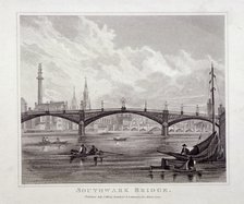 View of Southwark Bridge with boats on the Thames, 1819. Artist: Anon