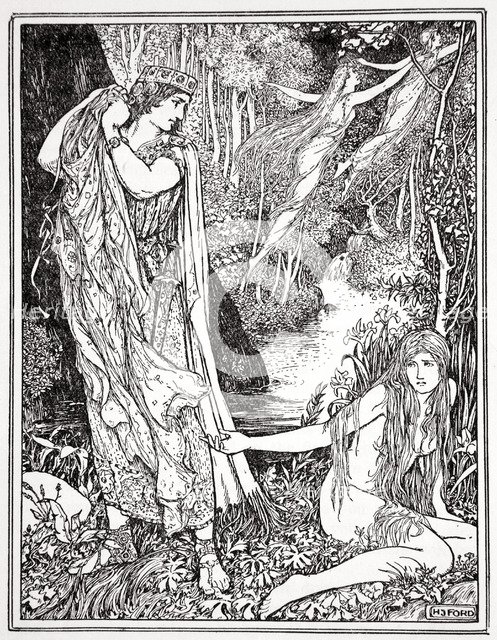 'King Athamas steals Nephele's clothes so that she can't float away with her sister', 1926.  Artist: Henry Justice Ford