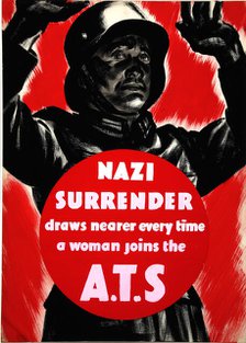 'Nazi surrender draws nearer every time a woman joins the A.T.S', WWII poster, between 1939 & 1946. Creators: Central Office of Information, Unknown.
