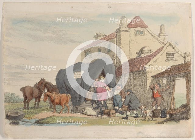 Plate 26: A Flying Wagon, from "World in Miniature", 1816., 1816. Creator: Thomas Rowlandson.