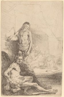 Nude Man Seated and Nude Man Standing, with a Woman and Baby in the Background, c. 1646. Creator: Rembrandt Harmensz van Rijn.