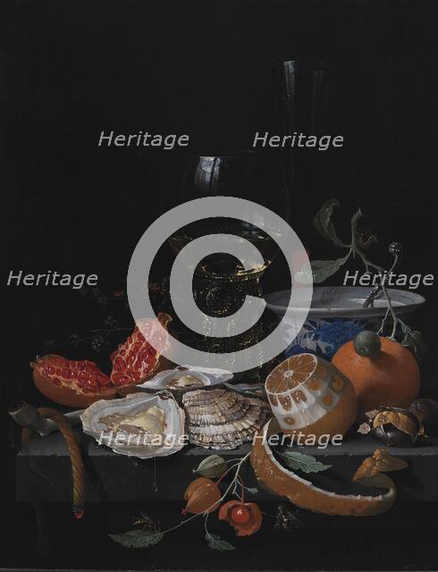Oysters, Fruit and a Wineglass on a Stone Table, 1671-1679. Creator: Abraham Mignon.