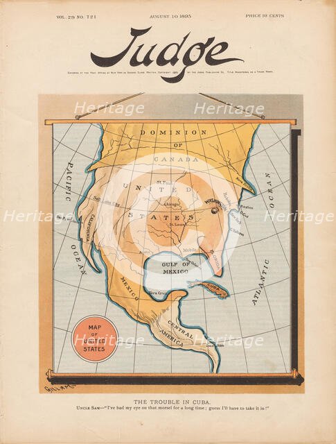 The Trouble In Cuba. Uncle Sam: "I've had my eye on that morsel for a long time guess..., 1895. Creator: Gillam, Bernhard (1856-1896).